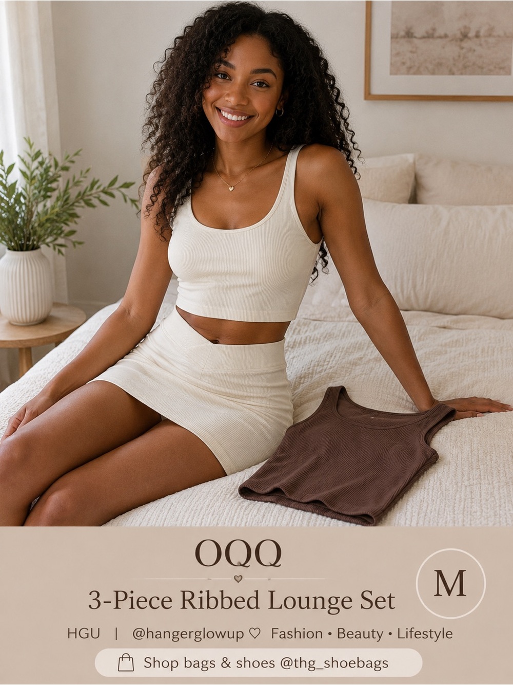 OQQ Ribbed 3-Piece Lounge Set M Cream Cocoa Crop Tanks & Mini Skirt NWT